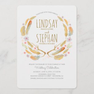 Convites Penas Florais Antlers Summer Woodland Casamento