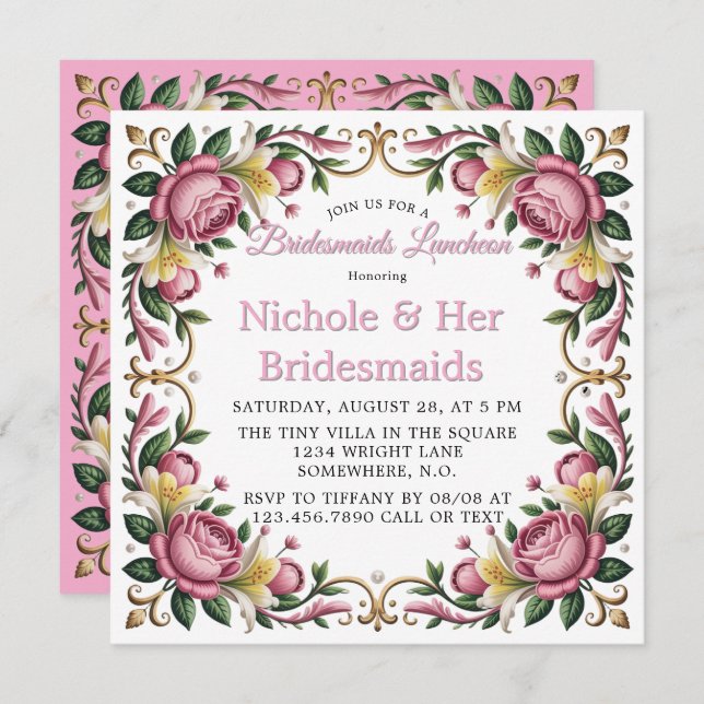 Convites Penas Rosa Rococo Frame Bridesmaids Luncheies (Frente/Verso)