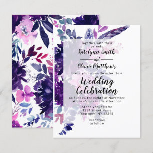 Convites Penas roxas violetas florais Enchanted que Wedding