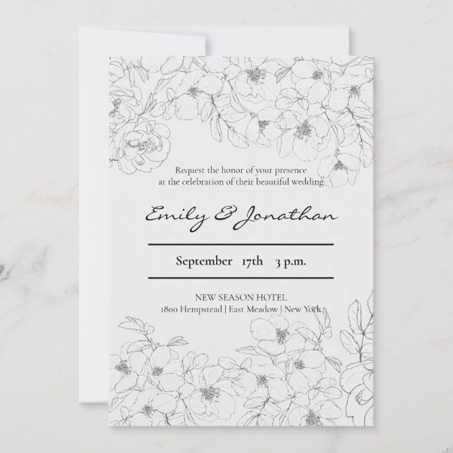 Convites Pencil Sketch Floral | Casamento minimalista (Frente)