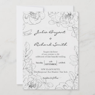 Convites Pencil Sketch Floral   Casamento Minimalista de Pe