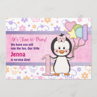Convites Penguin Cutie- Rapariga Primeiro Aniversário