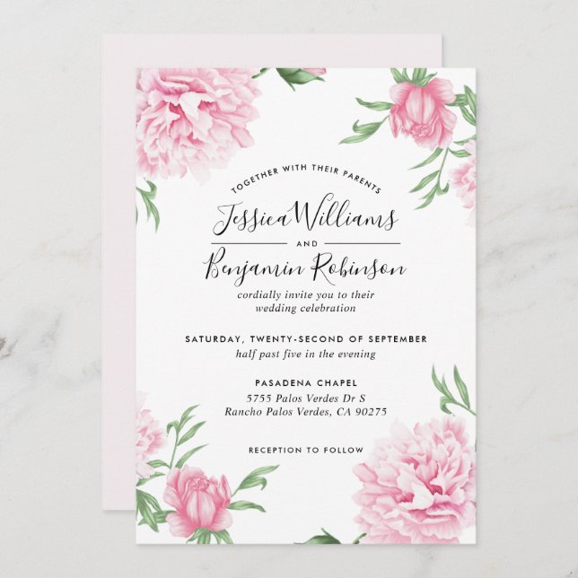 Convites Penitenciária Rosa Floral com Casamento de Fundo B (Frente/Verso)