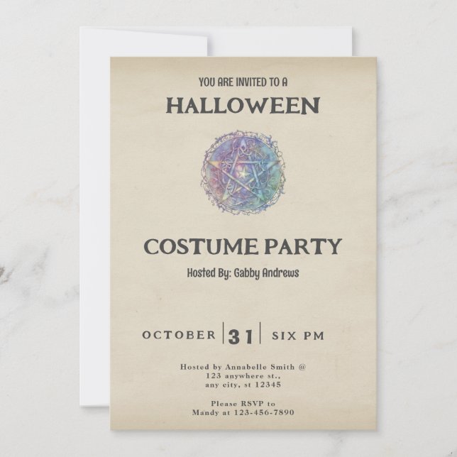 Convites Pentagrama azul e verde Vintage Halloween (Frente)