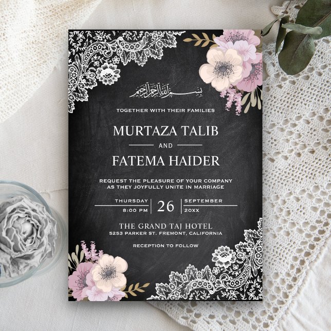 Convites Penteado Floral Rosa com Renda em Quadro Negro Cas (Criador carregado)