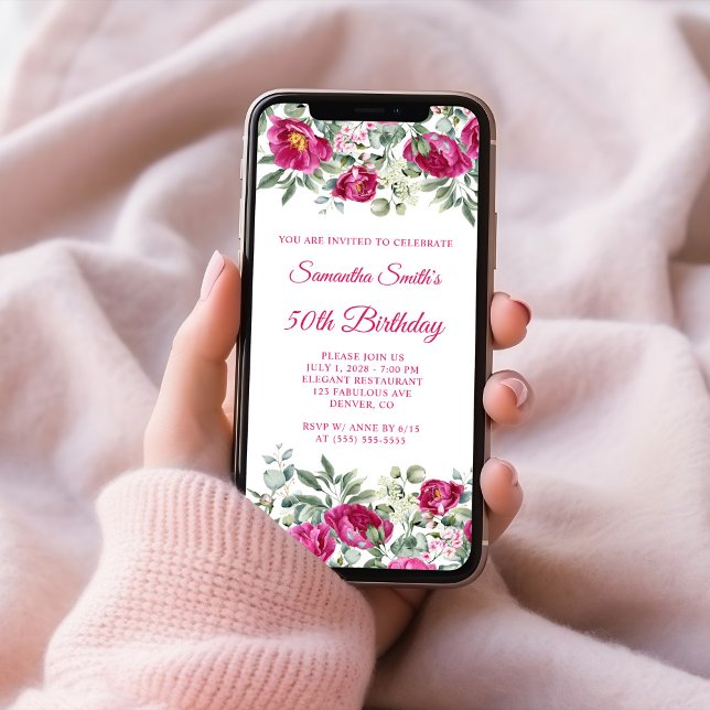 Convites Peões de Aquarela Rosa Quente 50º Aniversário (Hot Pink Watercolor Peonies 50th Birthday Invitation)