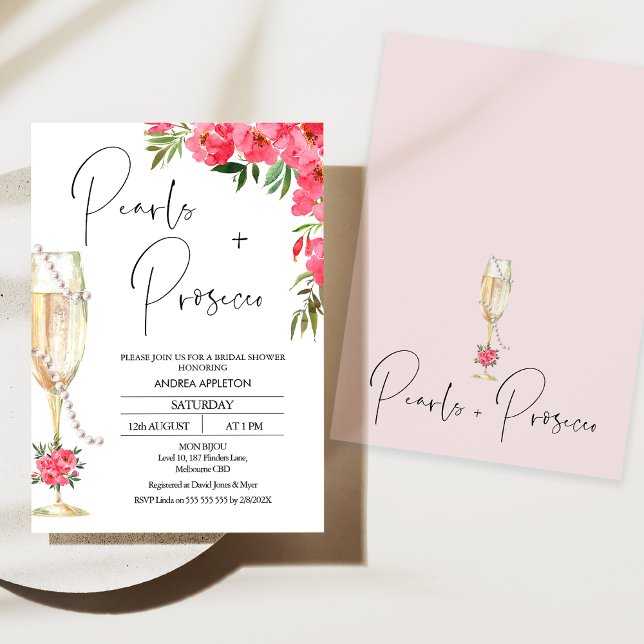 Convites Peões de Vidro Moderno Pérolas Chá de panela Prose (Modern Red Floral Pearls and Prosecco Bridal Shower Invitation, Champagne Glass and Pearls Bridal)