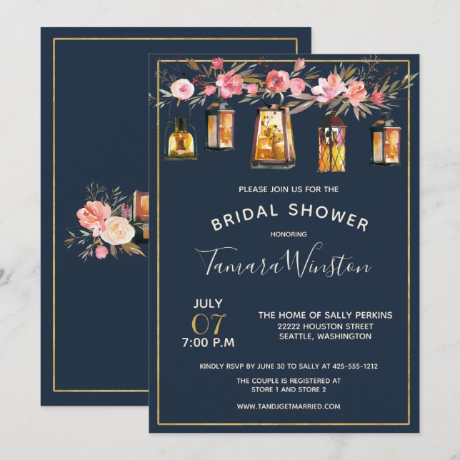 Convites Peões Elegantes Lanternas Rústicas Marinho Coral F (Frente/Verso)