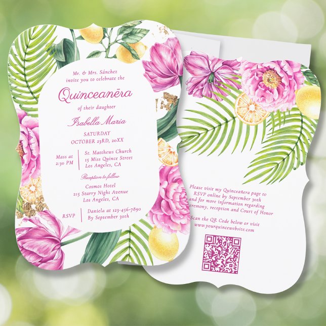 Convites Peões Florais De Aquarelas Código QR Quinceañera (Criador carregado)