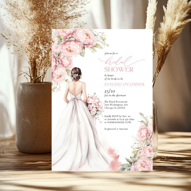 Convites Peões Românticos Esmagam Vestido Rosa (Romantic Peonies Blush Pink Bride Dress Invitation)