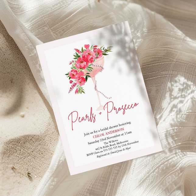 Convites Peões Vermelhos Modernos Pérola Chá de panela Pros (Red Floral Pearls and Prosecco Bridal Shower Invitation, Modern Pearls Prosecco Bridal Shower Invite)