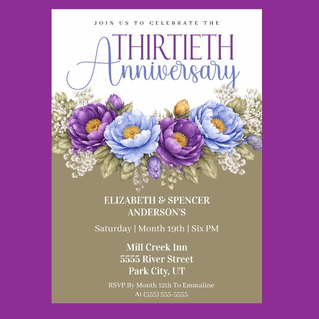 Convites Peônia Azul e Roxa 30º Aniversário de Casamento (Elegant blue and purple peony floral 30th wedding anniversary invitation)