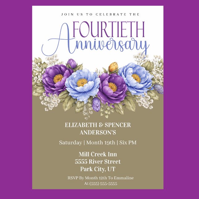 Convites Peônia Azul e Roxa 40º Aniversário de Casamento (Elegant blue and purple peony floral 40th wedding anniversary invitation)