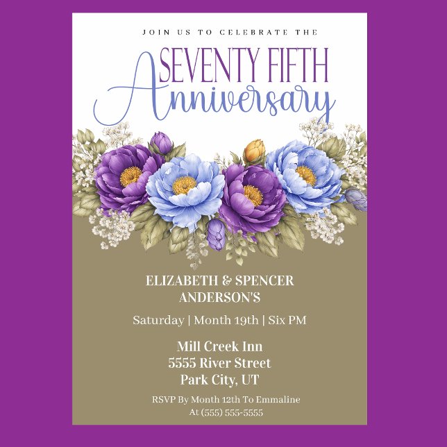 Convites Peônia Azul e Roxa 75º Aniversário de Casamento (Elegant blue and purple peony floral 75th wedding anniversary invitation)