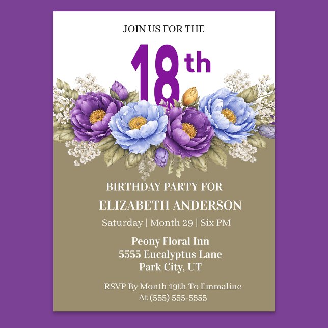 Convites Peônia Azul e Roxa Bonita de 18 Anos (Elegant purple and blue peony floral 18th birthday invitation)