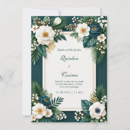 Convites Peônia Azul Esmeralda Tropical Borda Casamento