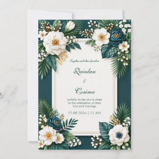 Convites Peônia Azul Esmeralda Tropical Borda Casamento