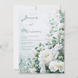 Convites Peônia Branca Verde Dourado Aquarela Casamento