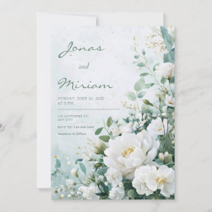 Convites Peônia Branca Verde Dourado Aquarela Casamento