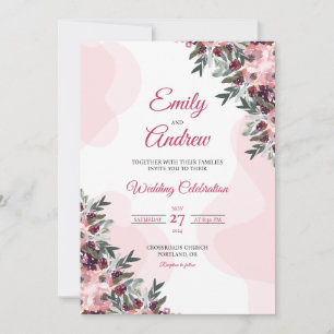 Convites Peônia Corada Ameixa Floral Elegante Noivado Aquar