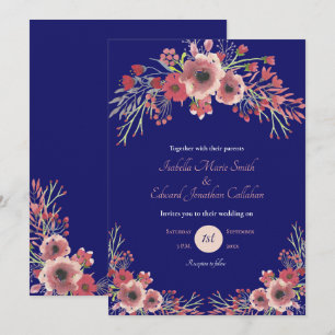 Convites Peônia Coral Floral Azul Marinho Casamento Moderno