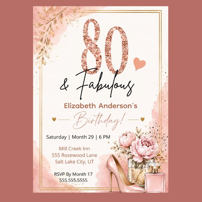 Convites Peônia e Perfume Fabuloso 80º Aniversário (Elegant 80th birthday invitation with blush pink watercolor, rose gold glitter, and peony flowers,)