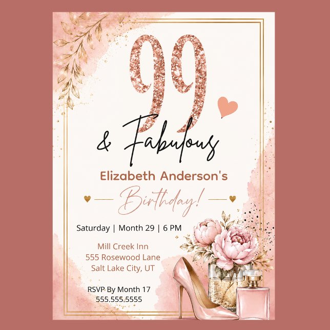 Convites Peônia e Perfume Fabuloso 99º Aniversário (Blush pink rose gold 99 and Fabulous floral birthday invitation with feminine glam style
)