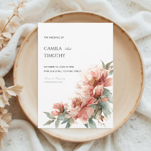 Convites Peônia Floral Coral Rosa Bege Água Casamento