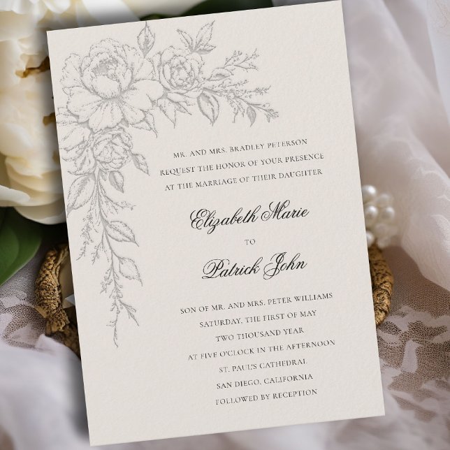 Convites Peônia Radiante Ecru Elegante Formal Clássico Casa (peony wedding invitation formal traditional modern classic art sketch parents host ecru)