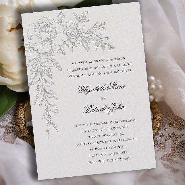 Convites Peônia Radiante Marfim Elegante Formal Clássico Ca (peony wedding invitation formal traditional modern classic art sketch black white parents host ivory)