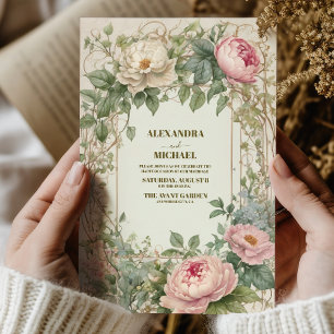 Convites Peônia Rosa Arte Romântica Art Nouveau Casamento