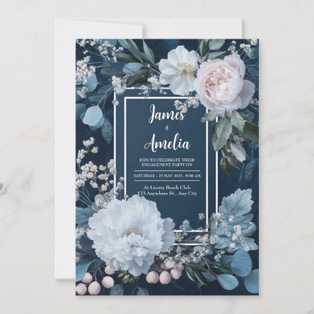 Convites Peônia Rosa Azul Empoeirada Eucalipto Casamento (Frente)