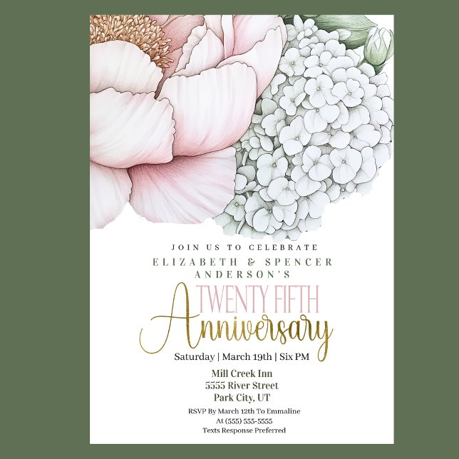 Convites Peônia Rosa Corada 25º Aniversário de Casamento (Criador carregado)