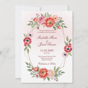 Convites Peônia Rosa e Anêmona Floral Geométrico Casamento
