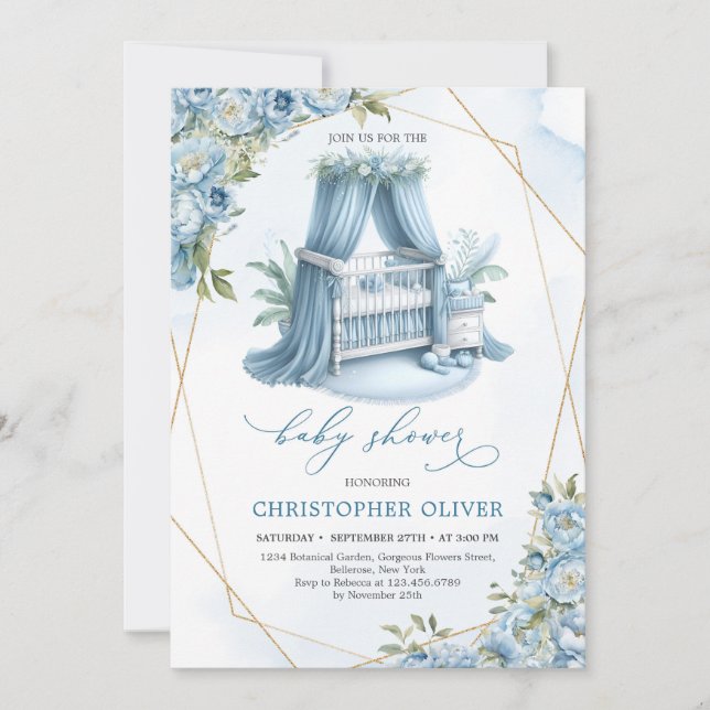 Convites Pêonias azuis bebê berço dourado rapaz (Frente)