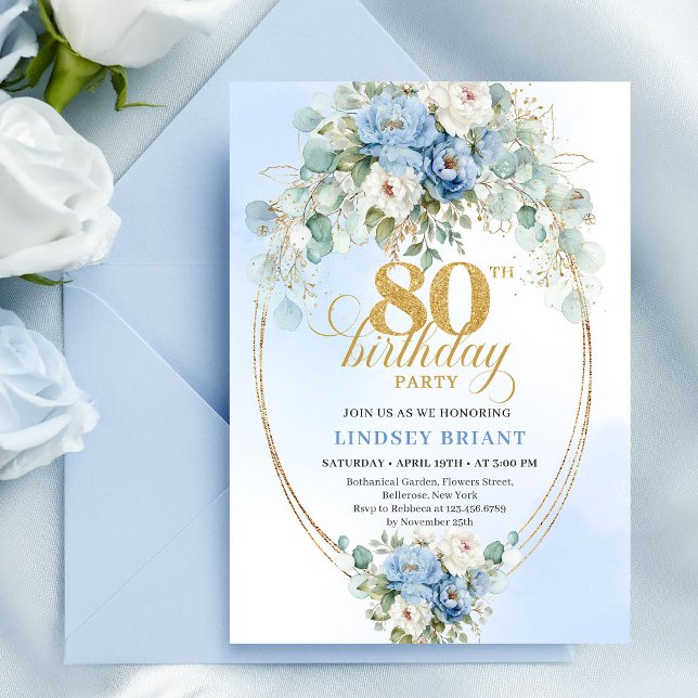 Convites Peônias Azuis Refinadas em Pó com Moldura Dourada  (Refined Dusty Blue Peonies Gold Frame 80th Birthday Invite)