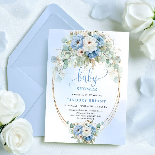 Convites Peônias Azuis Sofisticadas Eucalipto Dourado Bebê  (Sophisticated Blue Peonies Eucalyptus Gold Baby Shower)