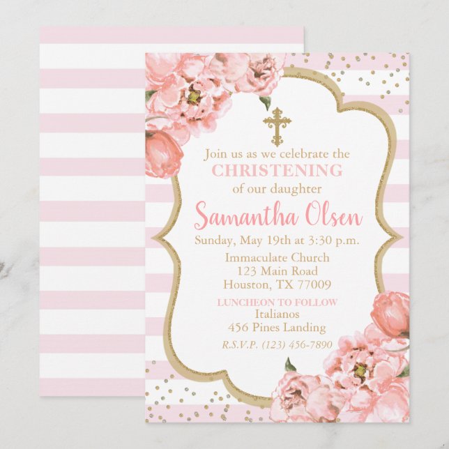Convites Peônias Blush Rosa e Dourado Christening (Frente/Verso)