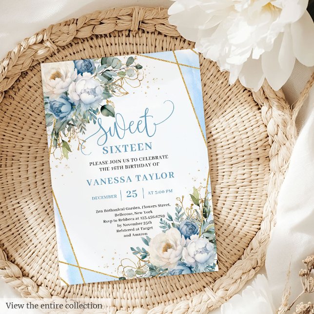 Convites Pêonias brancas azuis sofisticadas Doce 16 (Sophisticated Dusty Blue White Peonies Sweet 16 Invitation)