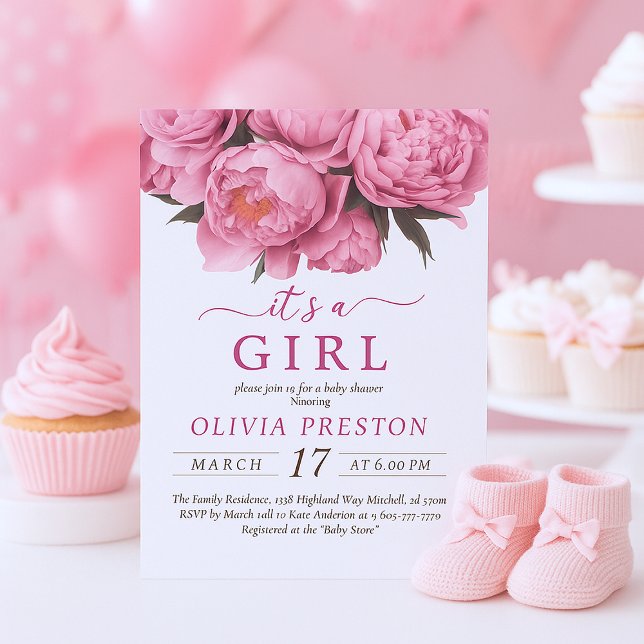 Convites Pêonias cor-de-água Chá de fraldas É uma garota (Pink Peonies Watercolor Baby Shower It's A Girl Invitation)