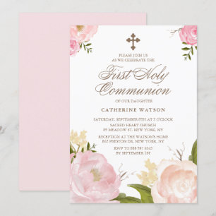 Convites Peônias cor-de-água rosa Primeira Comunhão Sagr