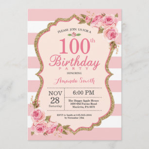 Convites Peônias cor-de-rosa 100ª Festa de aniversário