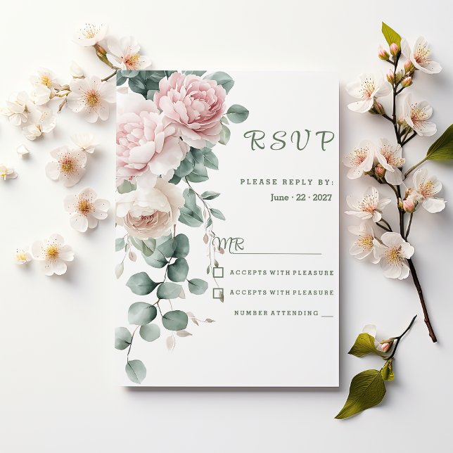 Convites Pêonias cor-de-rosa folha de eucalipto RSVP (Pink garland peonies eucalyptus leaf RSVP)