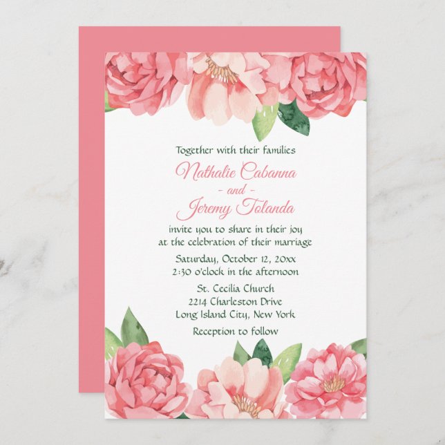 Convites Peônias cor-de-rosa, Rosas, Flores para casamentos (Frente/Verso)