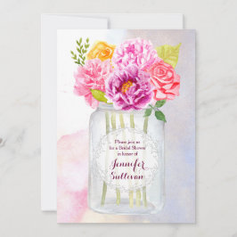 Convites Peonias de Aquarela Rosas Rustic Mason Jar Wedding