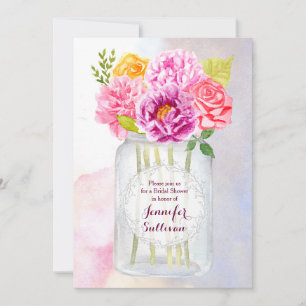 Convites Peonias de Aquarela Rosas Rustic Mason Jar Wedding
