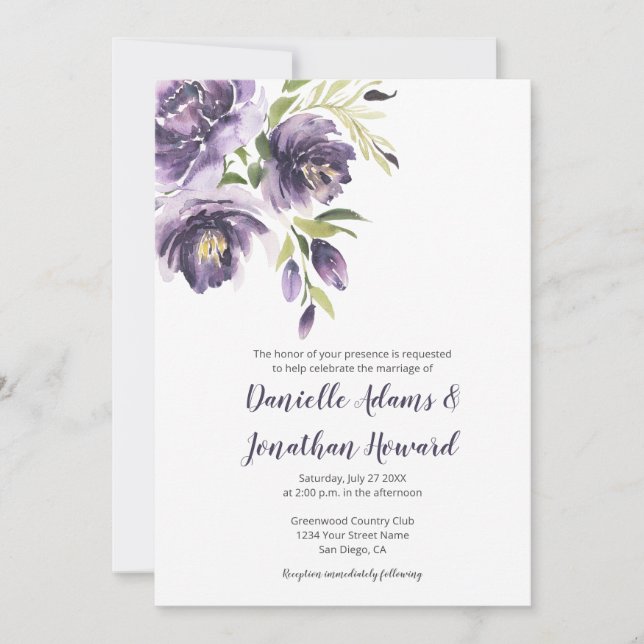 Convites Peônias de Lavanda roxa - Casamento roxo nas costa (Frente)