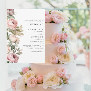 Convites Peônias Elegantes em Aquarela Rosa Casamento II