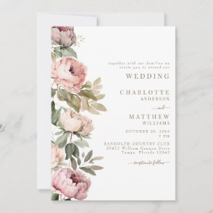 Convites Peônias em Aquarela Rosa Elegante Casamento Texto 