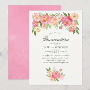 Convites Peônias em Aquarela Rosa Pastel para Quinceañera